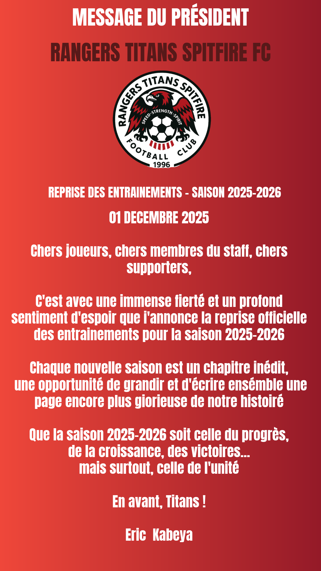 MESSAGE DU PRÉSIDENT – RANGERS TITANS SPITFIRE FC